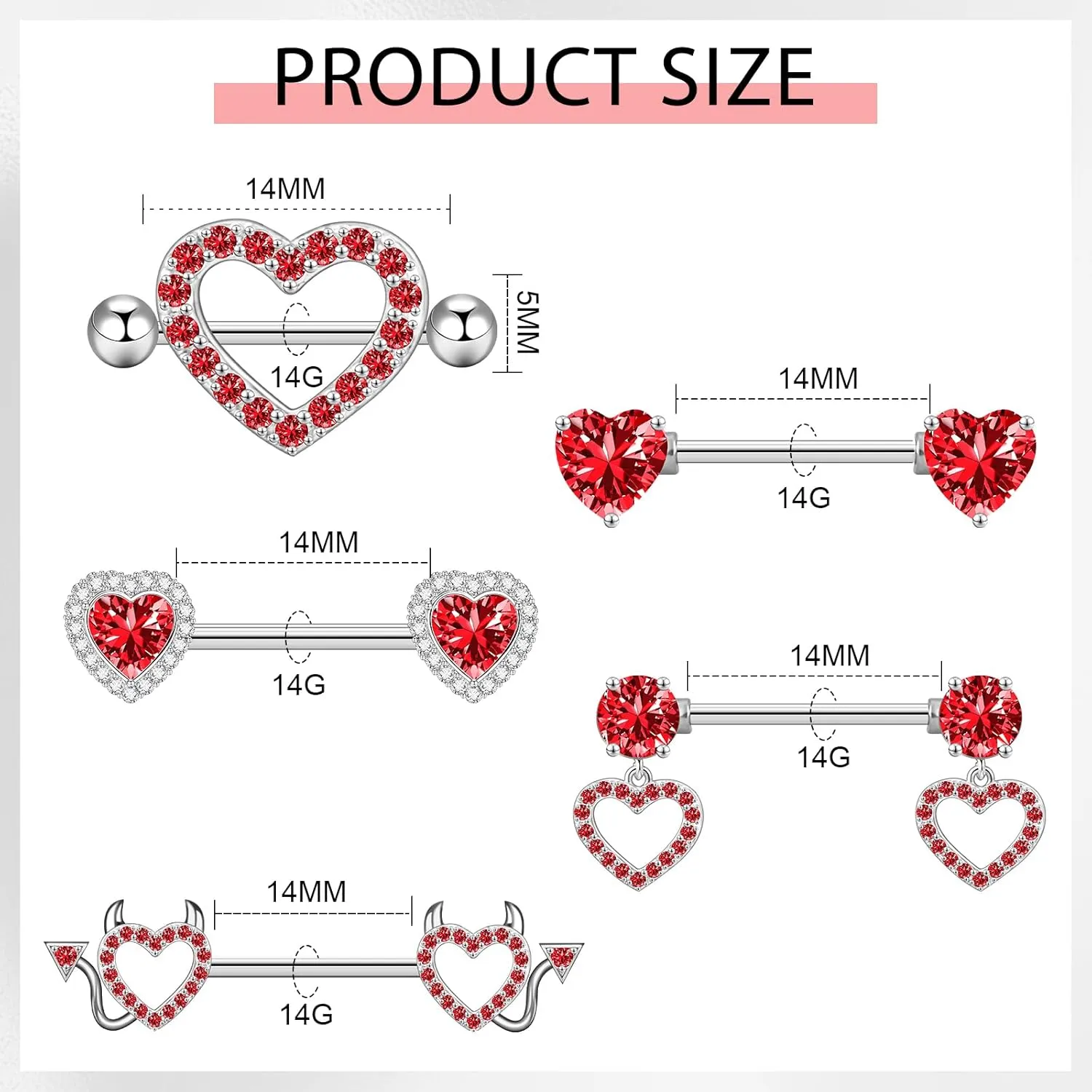 14G Nipple Rings 5-8 Pairs Stainless Steel Nipple Niercing Jewelry Heart Dangle Barbell Tongue Rings Set Cute Pink CZ Nipple Jewelry