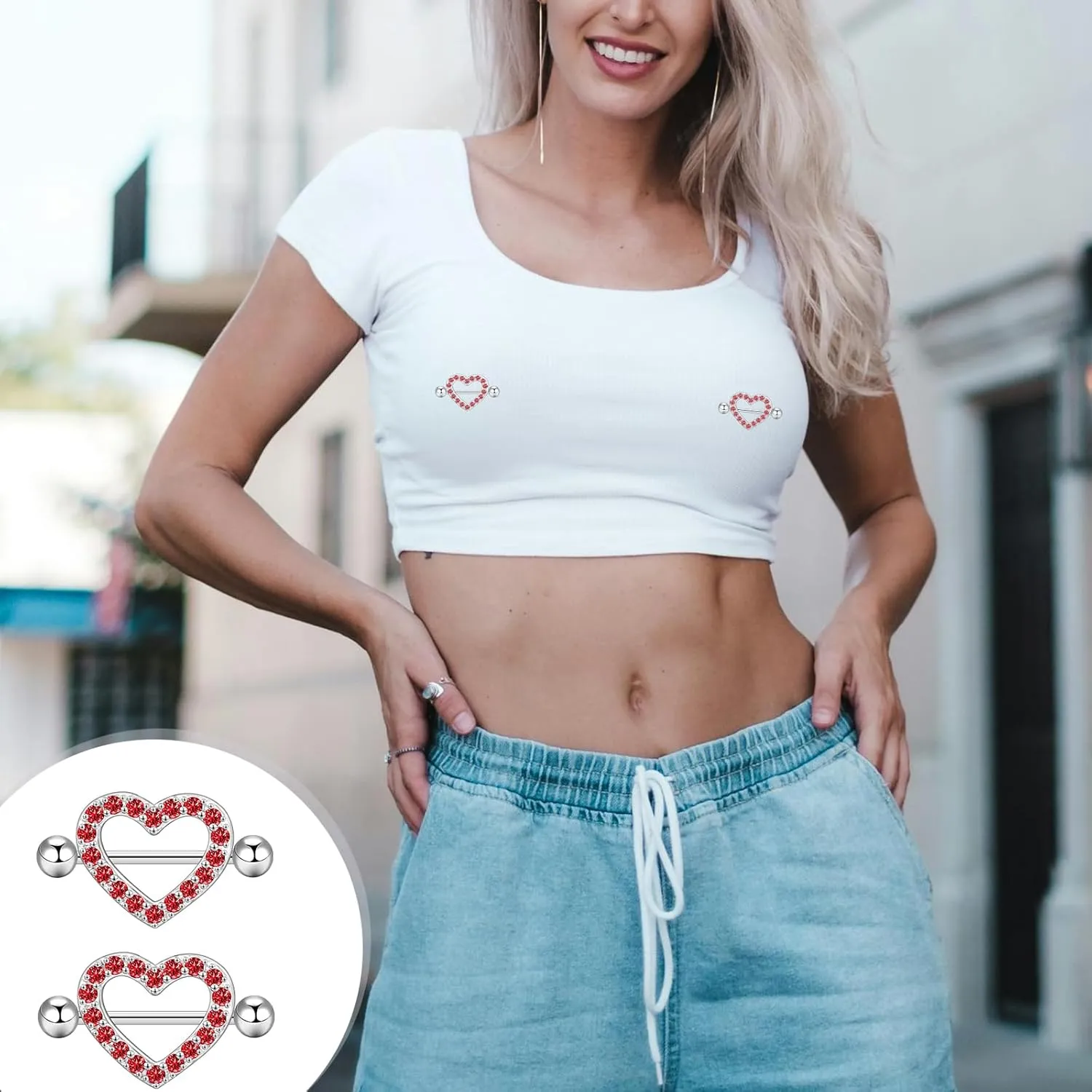 14G Nipple Rings 5-8 Pairs Stainless Steel Nipple Niercing Jewelry Heart Dangle Barbell Tongue Rings Set Cute Pink CZ Nipple Jewelry