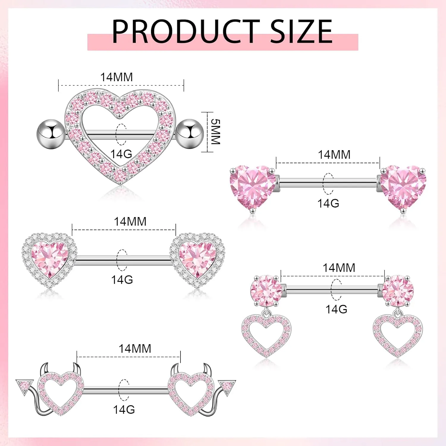 14G Nipple Rings 5-8 Pairs Stainless Steel Nipple Niercing Jewelry Heart Dangle Barbell Tongue Rings Set Cute Pink CZ Nipple Jewelry