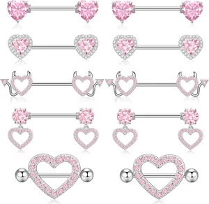 14G Nipple Rings 5-8 Pairs Stainless Steel Nipple Niercing Jewelry Heart Dangle Barbell Tongue Rings Set Cute Pink CZ Nipple Jewelry