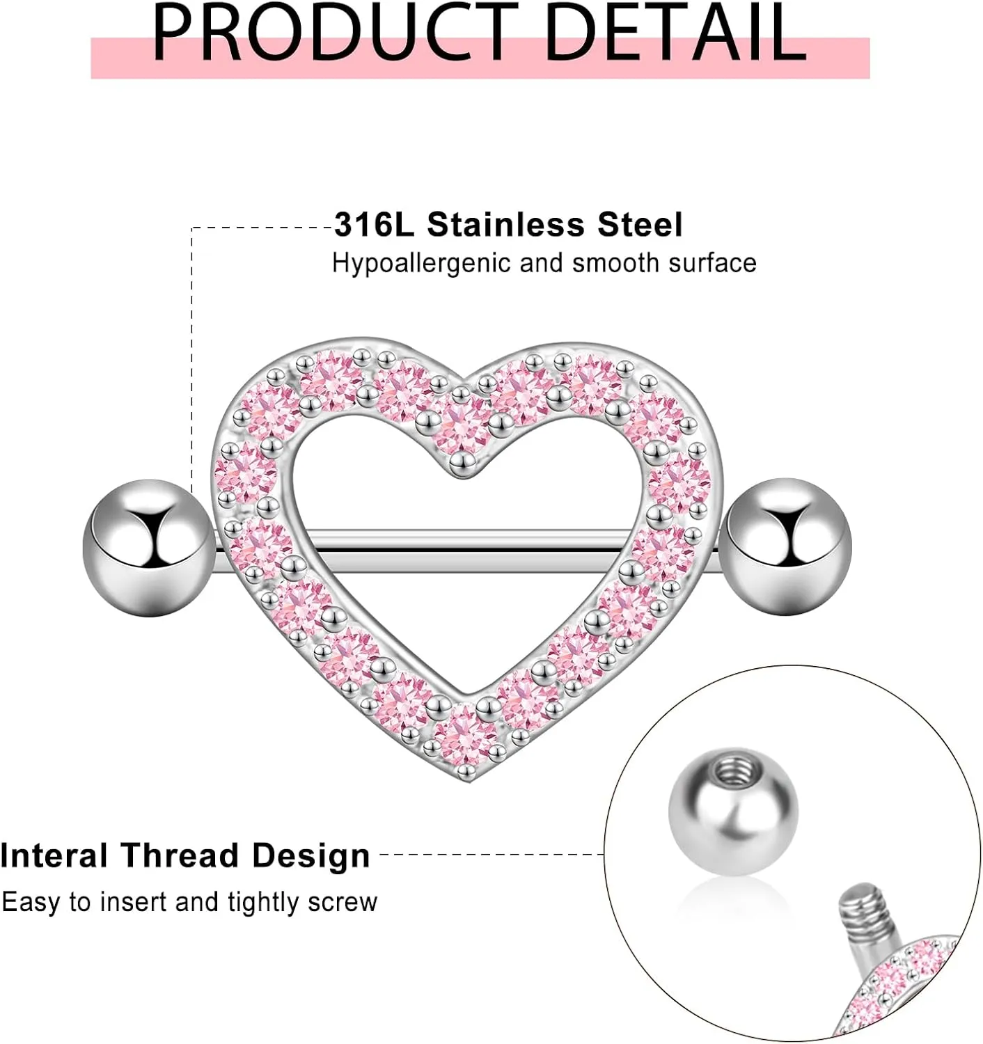 14G Nipple Rings 5-8 Pairs Stainless Steel Nipple Niercing Jewelry Heart Dangle Barbell Tongue Rings Set Cute Pink CZ Nipple Jewelry