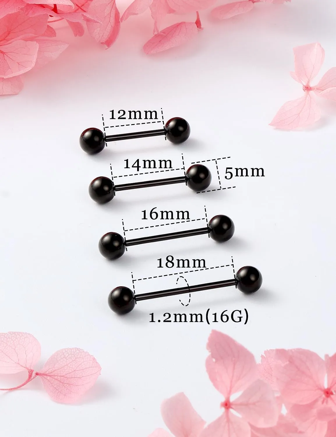 14G Nipple Rings Tongue Rings Stainless Steel Straight Barbell - Tongue & Nipple Piercing Jewelry for Women Length 12MM, 14MM, 16MM, 18MM Replacement Balls 5mm