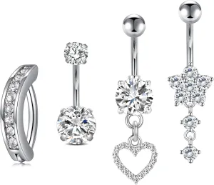 14G Stainless Steel Belly Button Rins, Heart CZ Belly Barbell Piercings, Cute Navel Piercing Jewelry For Women