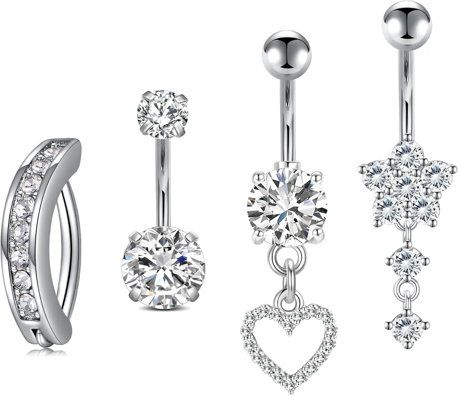 14G Stainless Steel Belly Button Rins, Heart CZ Belly Barbell Piercings, Cute Navel Piercing Jewelry For Women