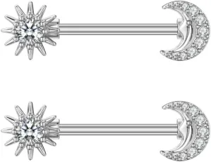 14G Sun Moon Nipple Rings for Women Stainless Steel CZ Asymmetrical Barbell Nipple Rings Nipple Shield Bar Body Piercing Jewelry