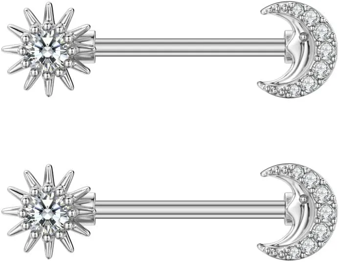 14G Sun Moon Nipple Rings for Women Stainless Steel CZ Asymmetrical Barbell Nipple Rings Nipple Shield Bar Body Piercing Jewelry