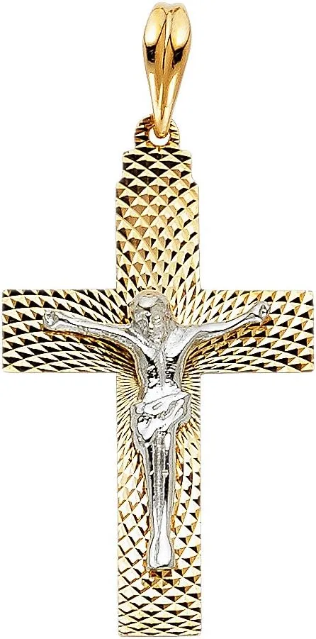14K 2T Religious Crucifix Pendant | 14K Two Tone Gold Christian Jewelry Jesus Pendant Locket For Men Women | 30 mm x 19 mm Gold Chain Pendants