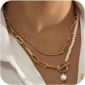 14K Gold Baroque Layered Pearl Necklace Chunky Vintage Half Paperclip Half Pearls Choker Necklaces for Women Trendy Silver OT Buckle Jewelry Gifts