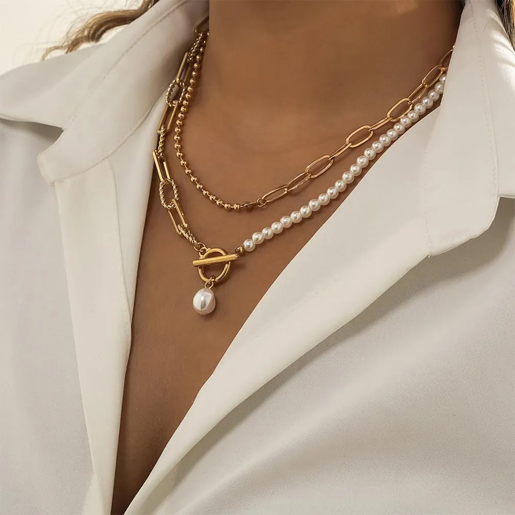 14K Gold Baroque Layered Pearl Necklace Chunky Vintage Half Paperclip Half Pearls Choker Necklaces for Women Trendy Silver OT Buckle Jewelry Gifts