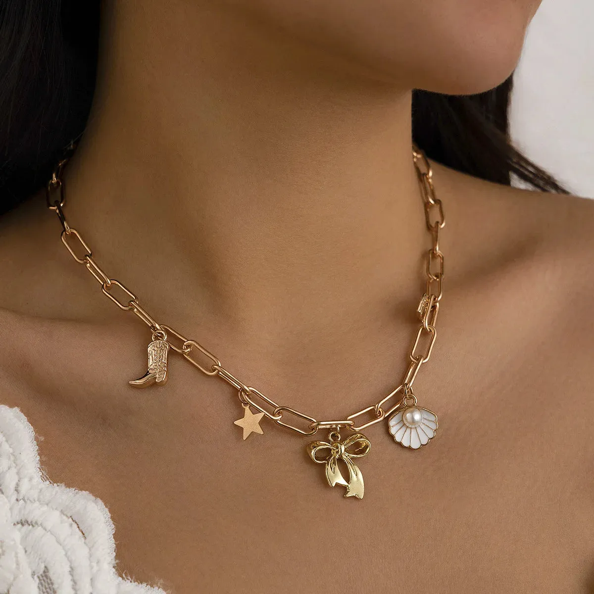 14K Gold Boho Seashell Cross Charm Necklaces