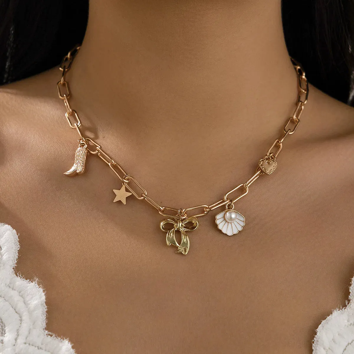 14K Gold Boho Seashell Cross Charm Necklaces