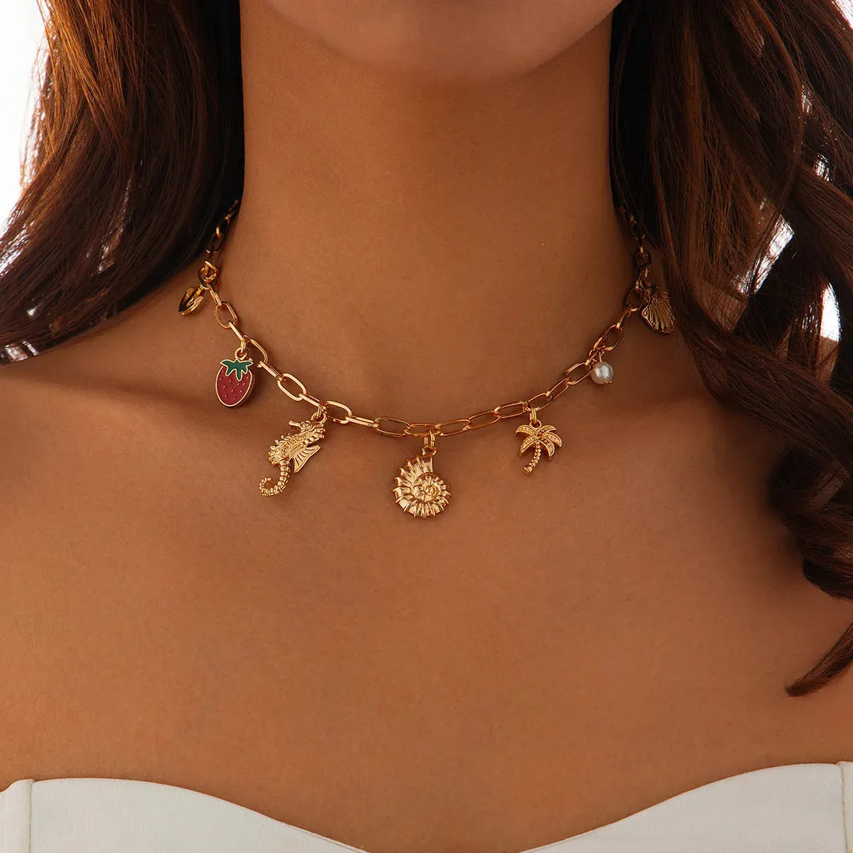 14K Gold Boho Seashell Cross Charm Necklaces