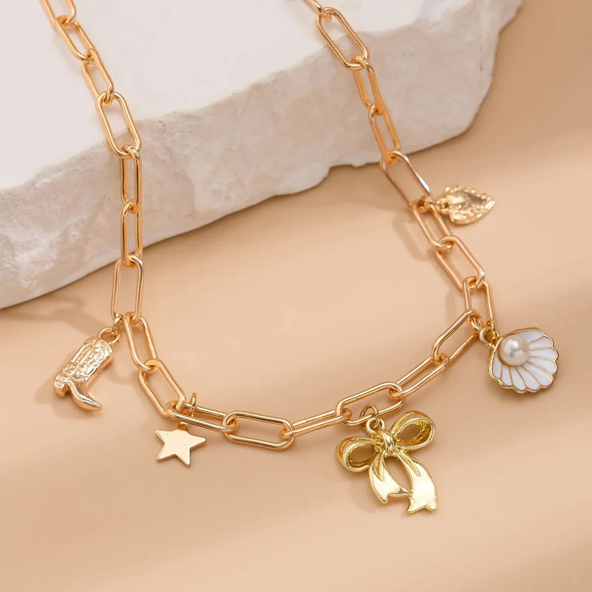14K Gold Boho Seashell Cross Charm Necklaces