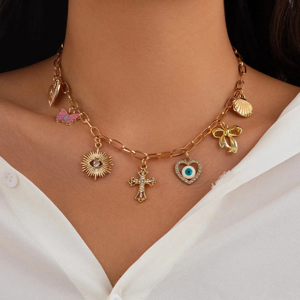 14K Gold Boho Seashell Cross Charm Necklaces