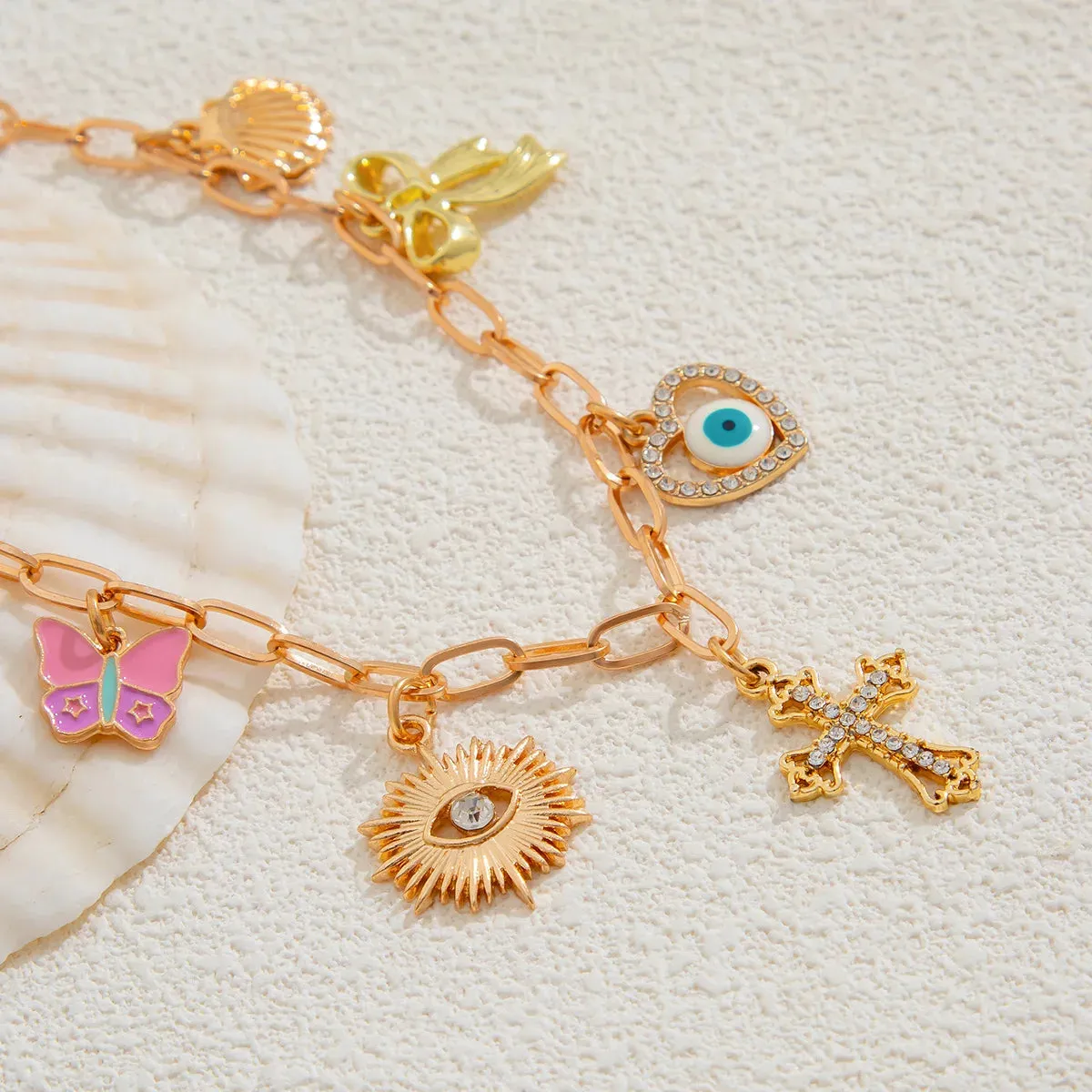 14K Gold Boho Seashell Cross Charm Necklaces