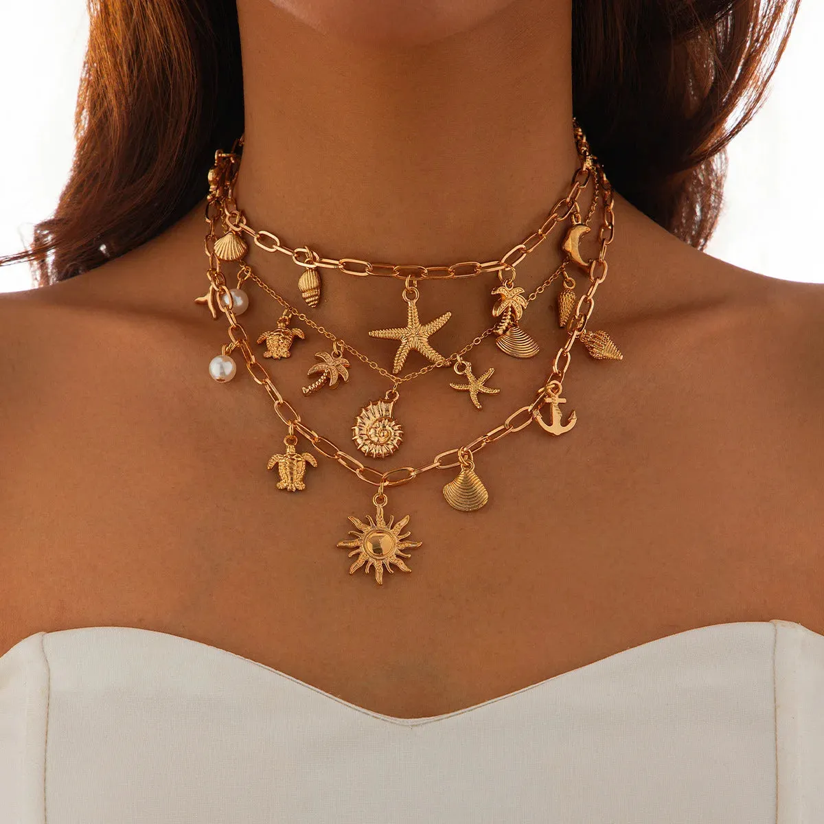 14K Gold Boho Seashell Cross Charm Necklaces