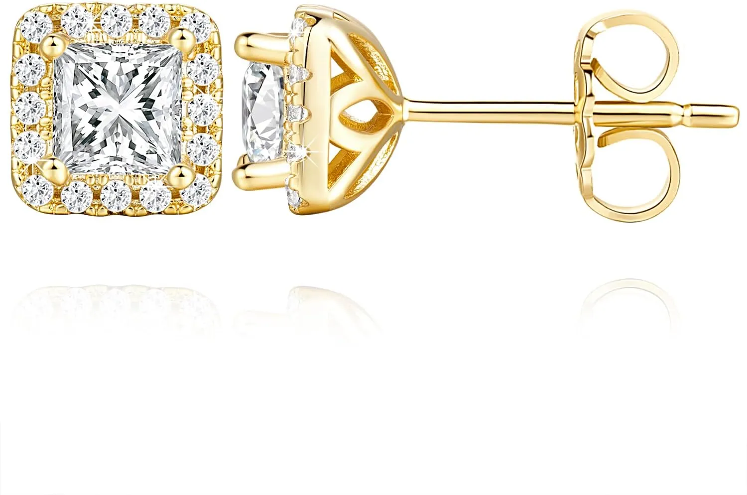 14k Gold Cubic Zirconia Square Stud Earrings, Hypoallergenic, Dainty & Brilliant for Women