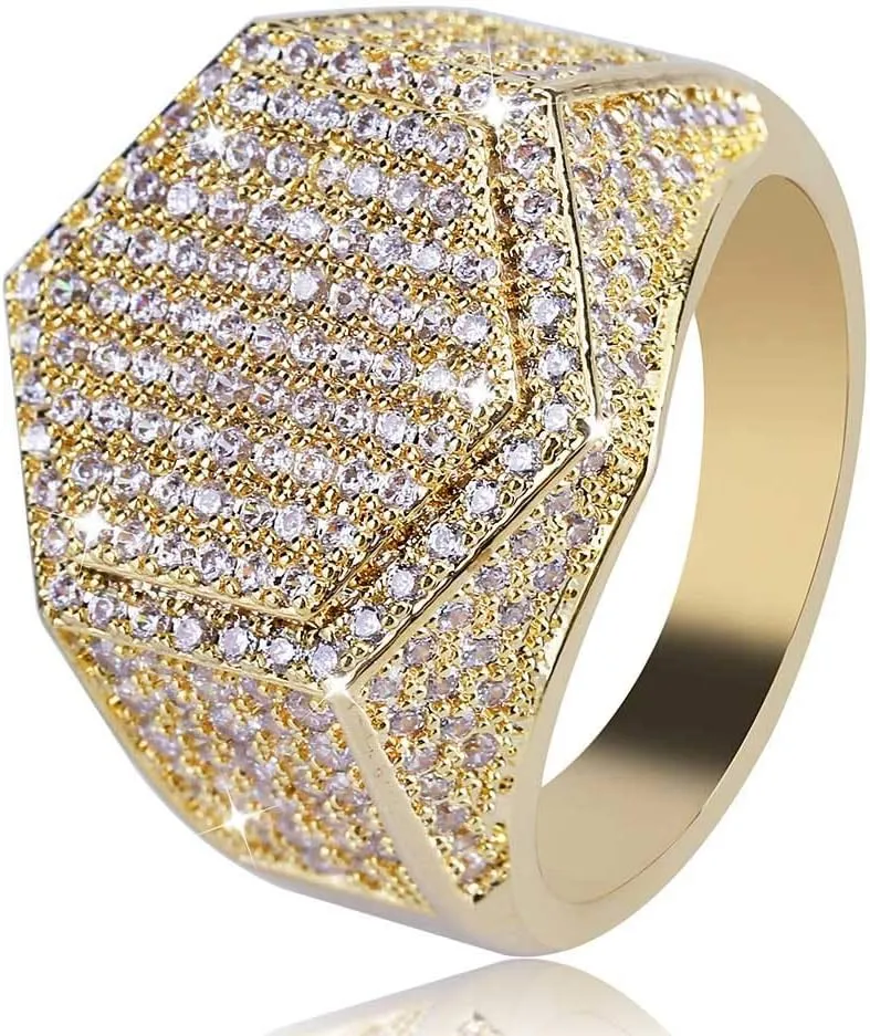 14K Gold Densely Set Moissanite Ring, Hexagonal Wide Face Men's Ring, A Geometric Marvel for the Modern Man,Dad Gift