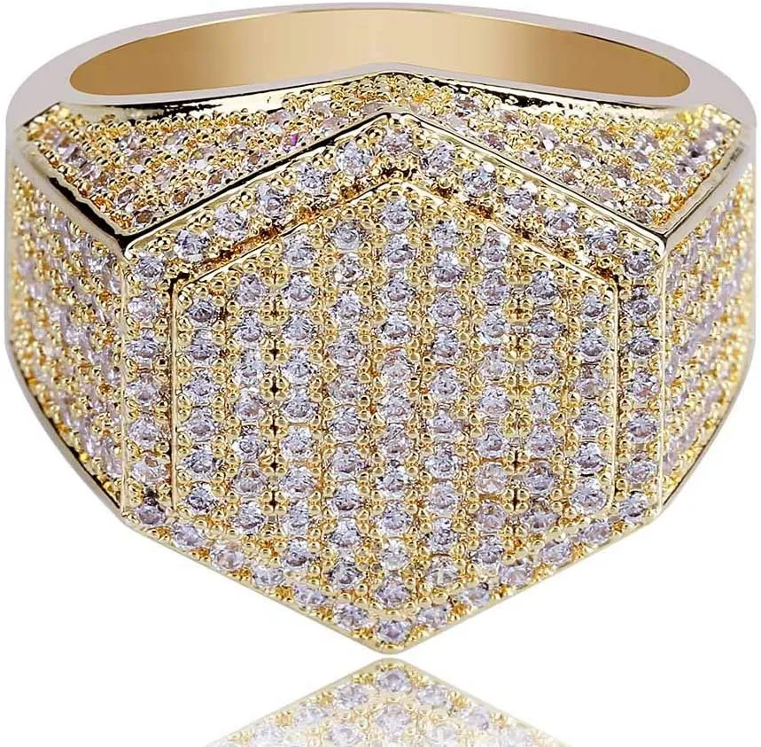 14K Gold Densely Set Moissanite Ring, Hexagonal Wide Face Men's Ring, A Geometric Marvel for the Modern Man,Dad Gift