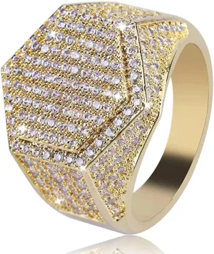 14K Gold Densely Set Moissanite Ring, Hexagonal Wide Face Men's Ring, A Geometric Marvel for the Modern Man,Dad Gift