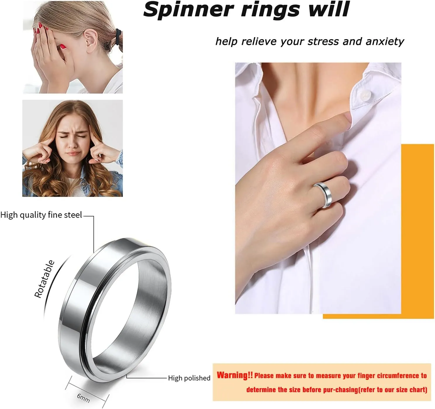 14K Gold Plated Anti Anxiety Ring for Women Men Sun Star Moon Stainless Steel Fidget Ring Gold Spinner Ring Band with Black Box Packed
