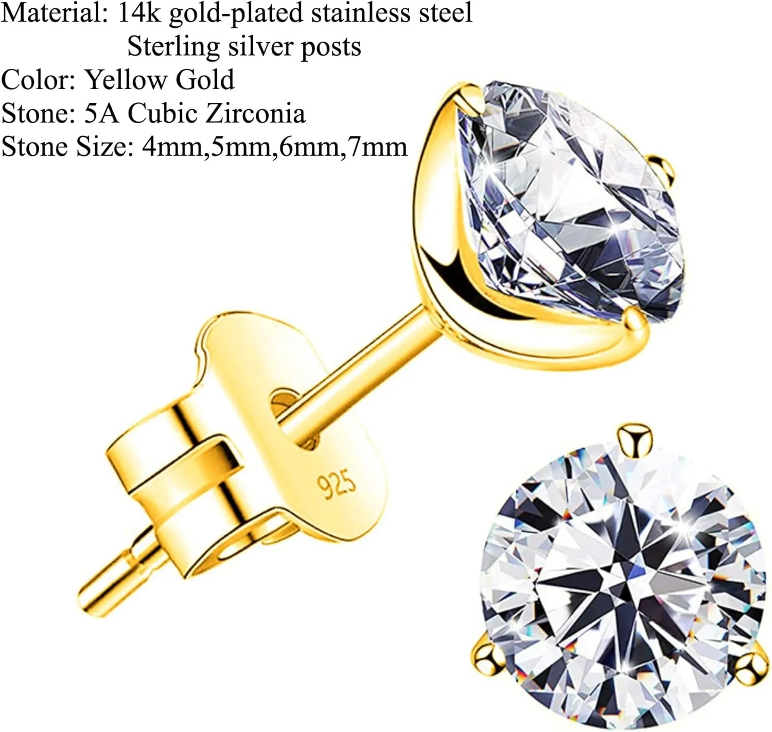 14k Gold-Plated Brilliant Cut Simulated Diamond Cubic Zirconia Stud Earrings