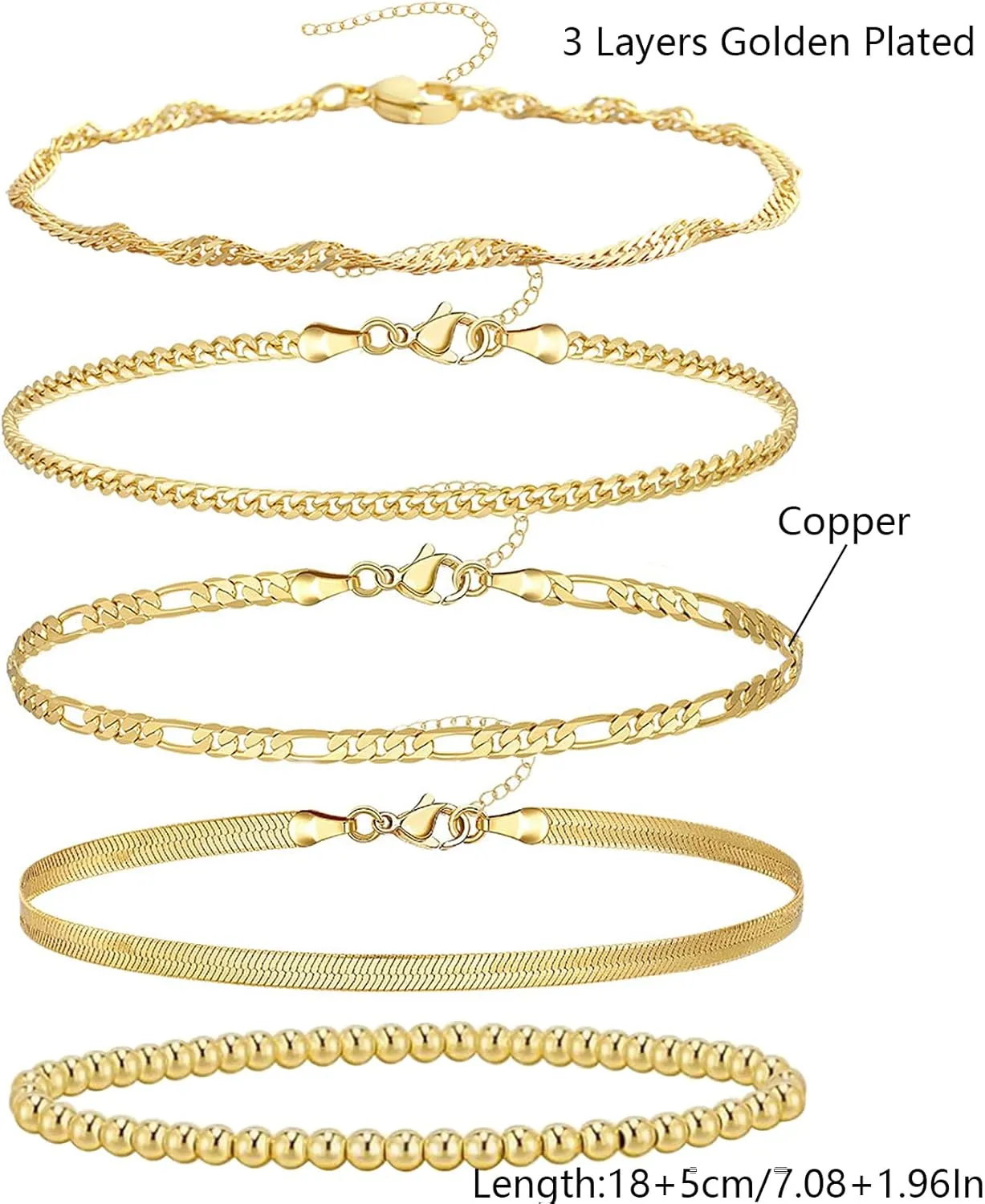 14K Gold Plated Chain Bracelets Set for Women Dainty Stackable Figaro Herringbone Paperclip Link Chain Bracelets Jewelry Pack Stack Gifts