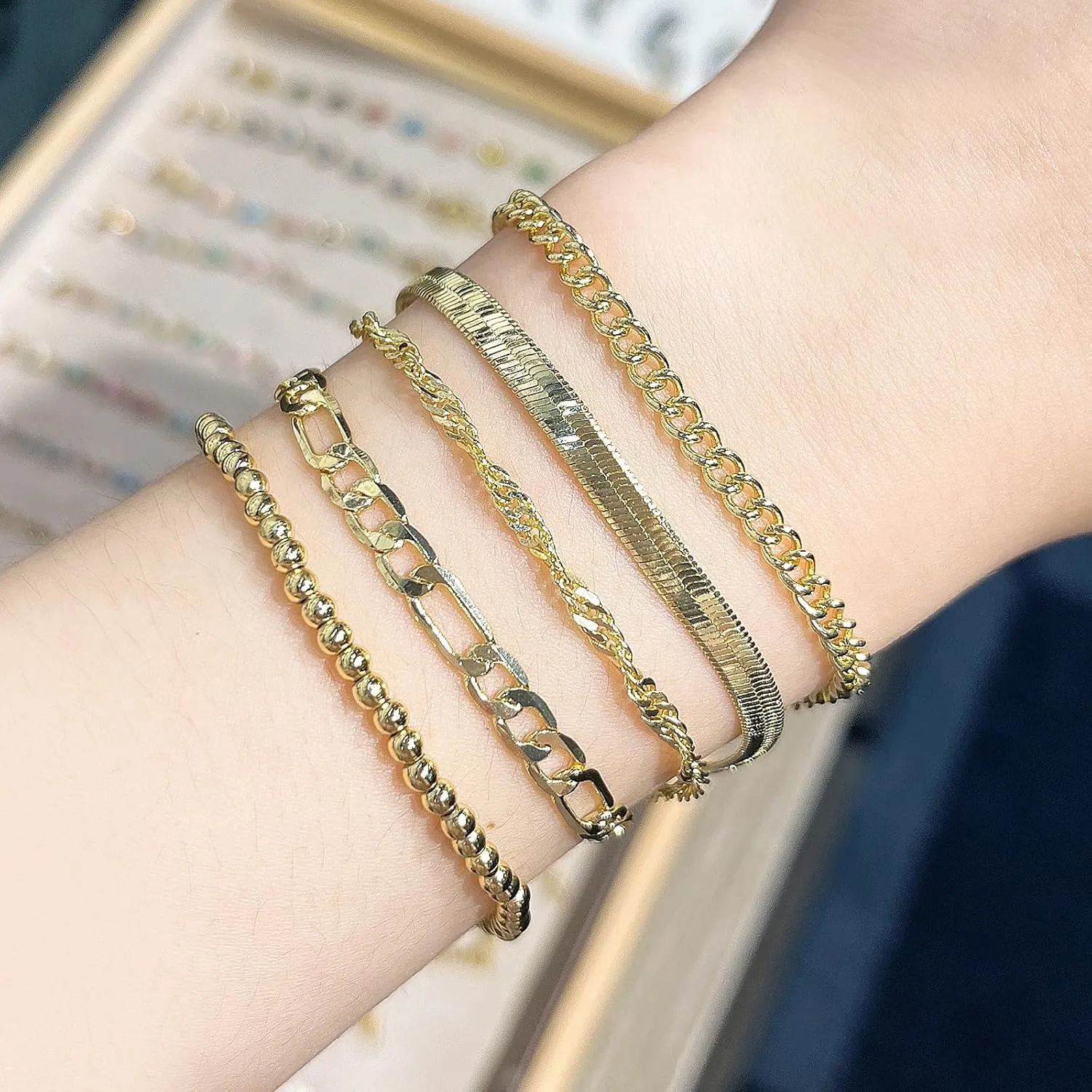 14K Gold Plated Chain Bracelets Set for Women Dainty Stackable Figaro Herringbone Paperclip Link Chain Bracelets Jewelry Pack Stack Gifts