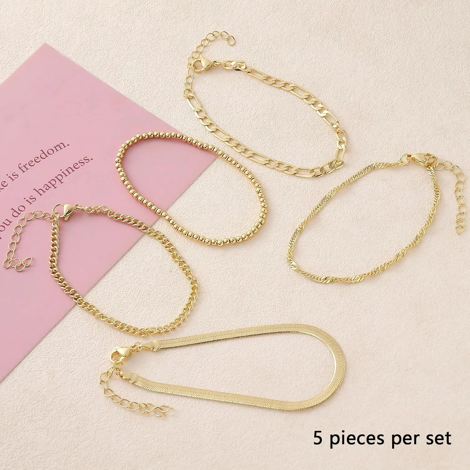 14K Gold Plated Chain Bracelets Set for Women Dainty Stackable Figaro Herringbone Paperclip Link Chain Bracelets Jewelry Pack Stack Gifts