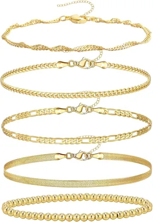 14K Gold Plated Chain Bracelets Set for Women Dainty Stackable Figaro Herringbone Paperclip Link Chain Bracelets Jewelry Pack Stack Gifts