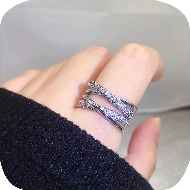 14K Gold Plated Double X-Shaped Cuff Ring Simulated Diamond CZ Criss Cross Ring for Women Trendy Stackable Cubic Zirconia Infinity X Ring Eternity Wedding Band Intertwined Crossover Rings Silver