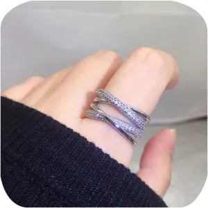 14K Gold Plated Double X-Shaped Cuff Ring Simulated Diamond CZ Criss Cross Ring for Women Trendy Stackable Cubic Zirconia Infinity X Ring Eternity Wedding Band Intertwined Crossover Rings Silver