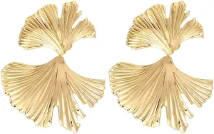 14K Gold Plated Flower Earrings for Women,Statement Ginkgo Leaf Earrings,Dainty Trendy Big Floral Earrings,Elegant Geometric Irregular Hawaiian Unique Plant Earrings Fashion Jewelry(Gin gold)