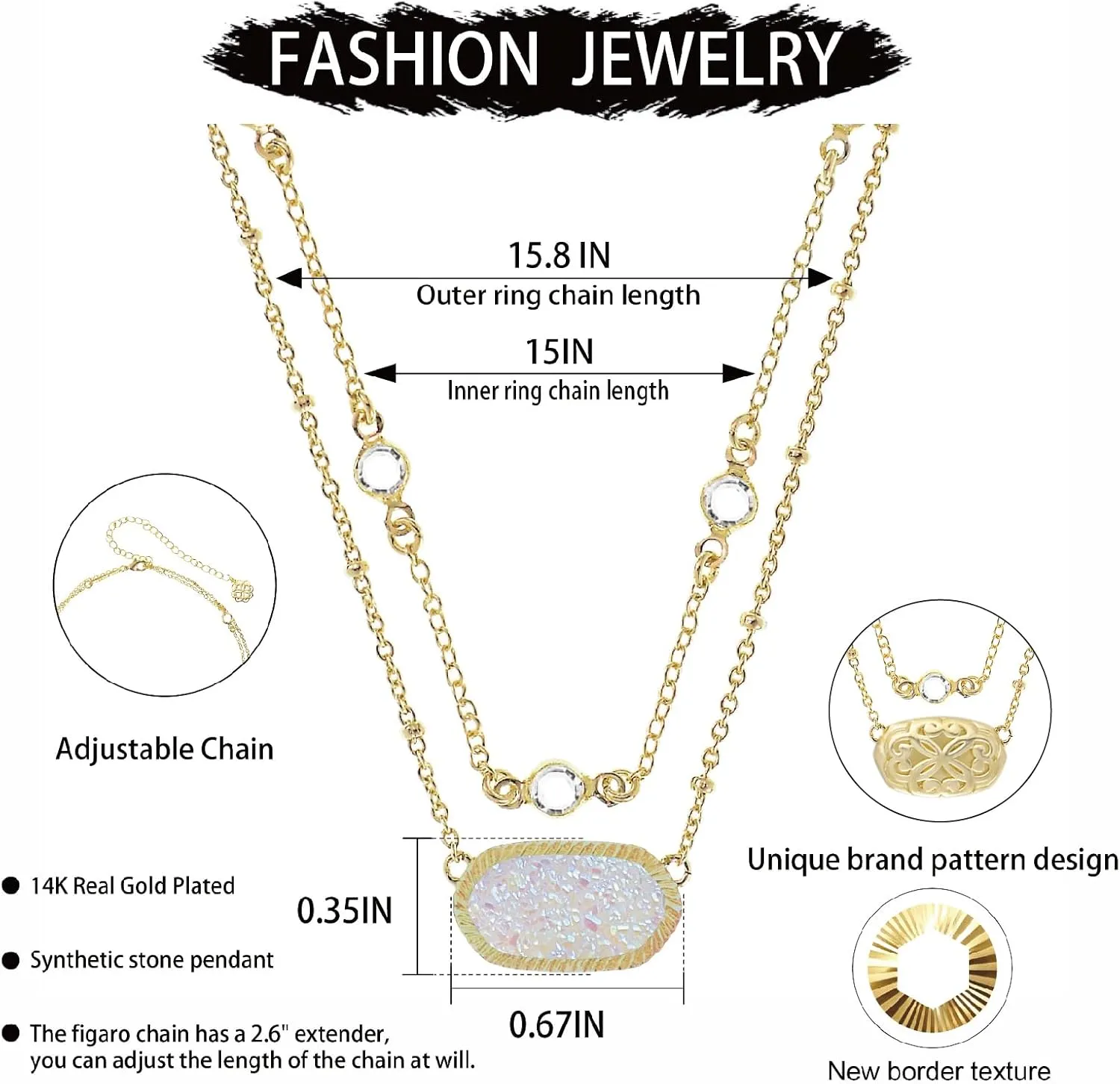 14K Gold-Plated Multilayer Necklaces for Women Crystal Double Chain Synthetic Gemstone Pendant Fashion Jewelry Adjustable tail chain length