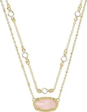 14K Gold-Plated Multilayer Necklaces for Women Crystal Double Chain Synthetic Gemstone Pendant Fashion Jewelry Adjustable tail chain length
