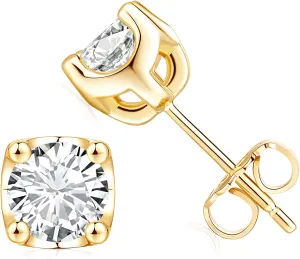 14K Gold Stud Earrings for Women Hypoallergenic Round Cubic Zirconia Earrings Studs, Flat Back Stud Earring for Comfortable Wear 6mm