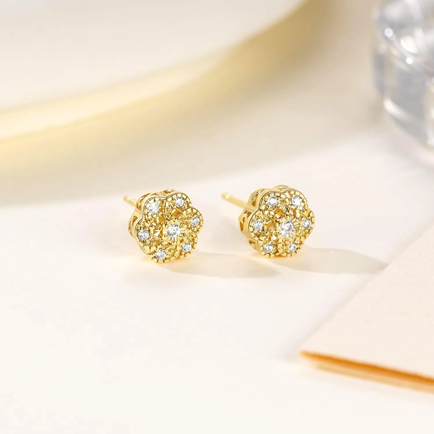 14k Gold Stud Earrings for women Trendy, Flower-shaped Gold Earrings Studs Fit Hypoallergeni Earrings for Women, CZ Stud Earrings Butterfly Push Backings 8mm 10mm