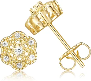 14k Gold Stud Earrings for women Trendy, Flower-shaped Gold Earrings Studs Fit Hypoallergeni Earrings for Women, CZ Stud Earrings Butterfly Push Backings 8mm 10mm