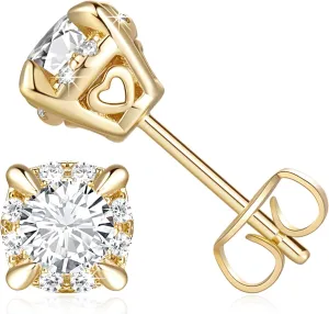 14K Gold Stud Earrings Studs Hypoallergenic Cubic Zirconia Small Stud Earrings for Women 7mm