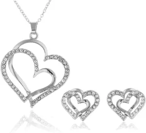 14K Rose Gold Silver Double Heart Shaped Necklace Shiny Crystal Stud Earrings Wedding Jewelry Set Best Gifts