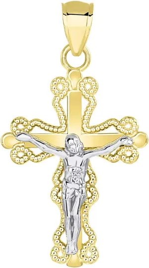 14k Two Tone Gold Milgrain-Edged Religious Cross Small Crucifix Pendant