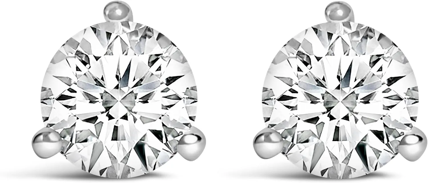14K White Gold 3-Prong Martini Set Brilliant Round-Cut Solitaire Lab Grown Diamond Screwback Stud Earrings (F-G Color, VS1-VS2 Clarity)