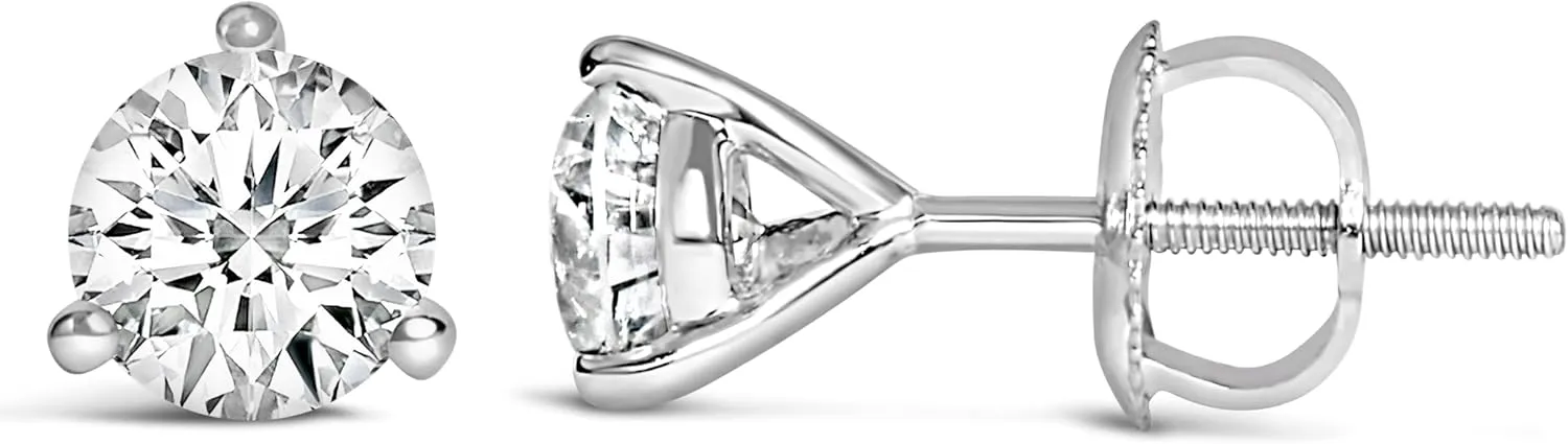 14K White Gold 3-Prong Martini Set Brilliant Round-Cut Solitaire Lab Grown Diamond Screwback Stud Earrings (F-G Color, VS1-VS2 Clarity)