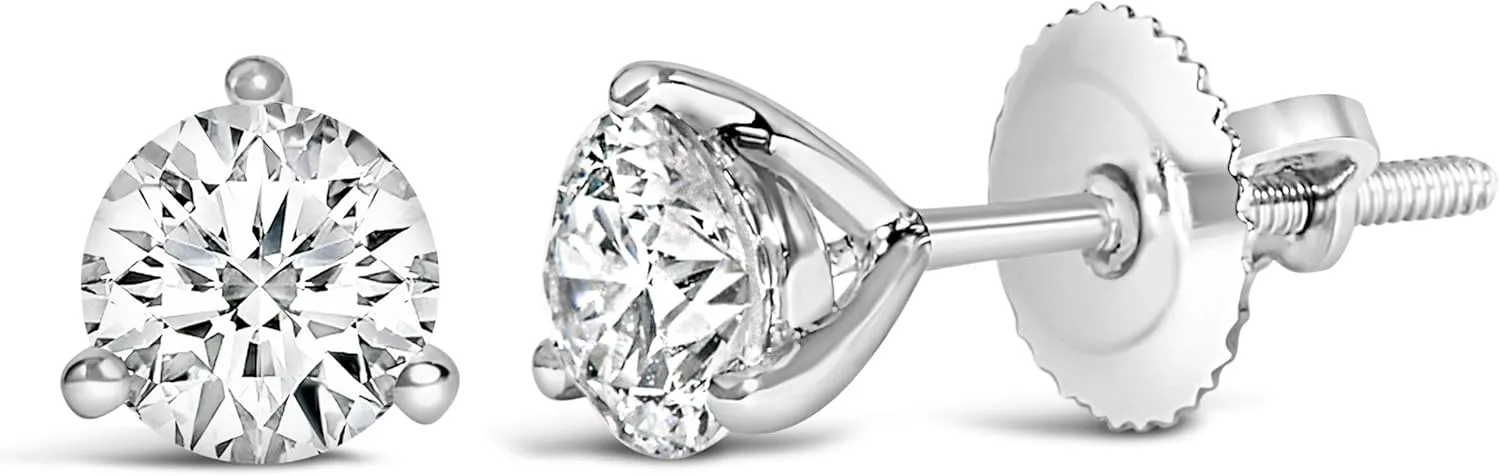 14K White Gold 3-Prong Martini Set Brilliant Round-Cut Solitaire Lab Grown Diamond Screwback Stud Earrings (F-G Color, VS1-VS2 Clarity)