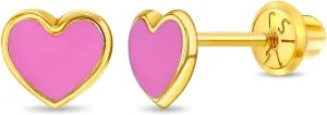 14k Yellow Gold 5mm Pretty Pink Enamel Heart Screw Back Earrings for Young Girls - Hearts Safety Screw Back Locking for Children - Cute & Fashionable Heart Screw Backs for Little Girls & Toddlers