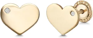 14k Yellow Gold Shiny Flat Heart Stud Earrings with Simulated Diamond, Covered Screwback Closure for Girls and Women