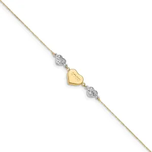 14k Yellow Gold Two Toned Puffed LOVE Heart and Diamond-Cut Hearts Bracelet