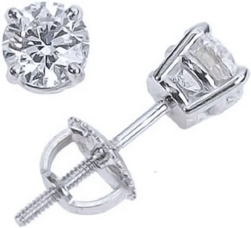 1.5 Carat Solitaire Stud Earrings 14K White Gold Round Brilliant Shape 4 Prong Screw Back (L-M Color, I1 Clarity)