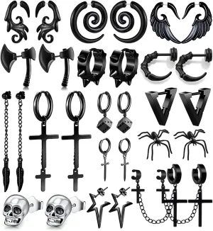 15 Pairs Punk Style Earrings Set for Women and Men, Stainless Steel Gothic Earrings Kit Fashion Cross with Cross, Axe, Wing, Skull Heads, Spider, and More