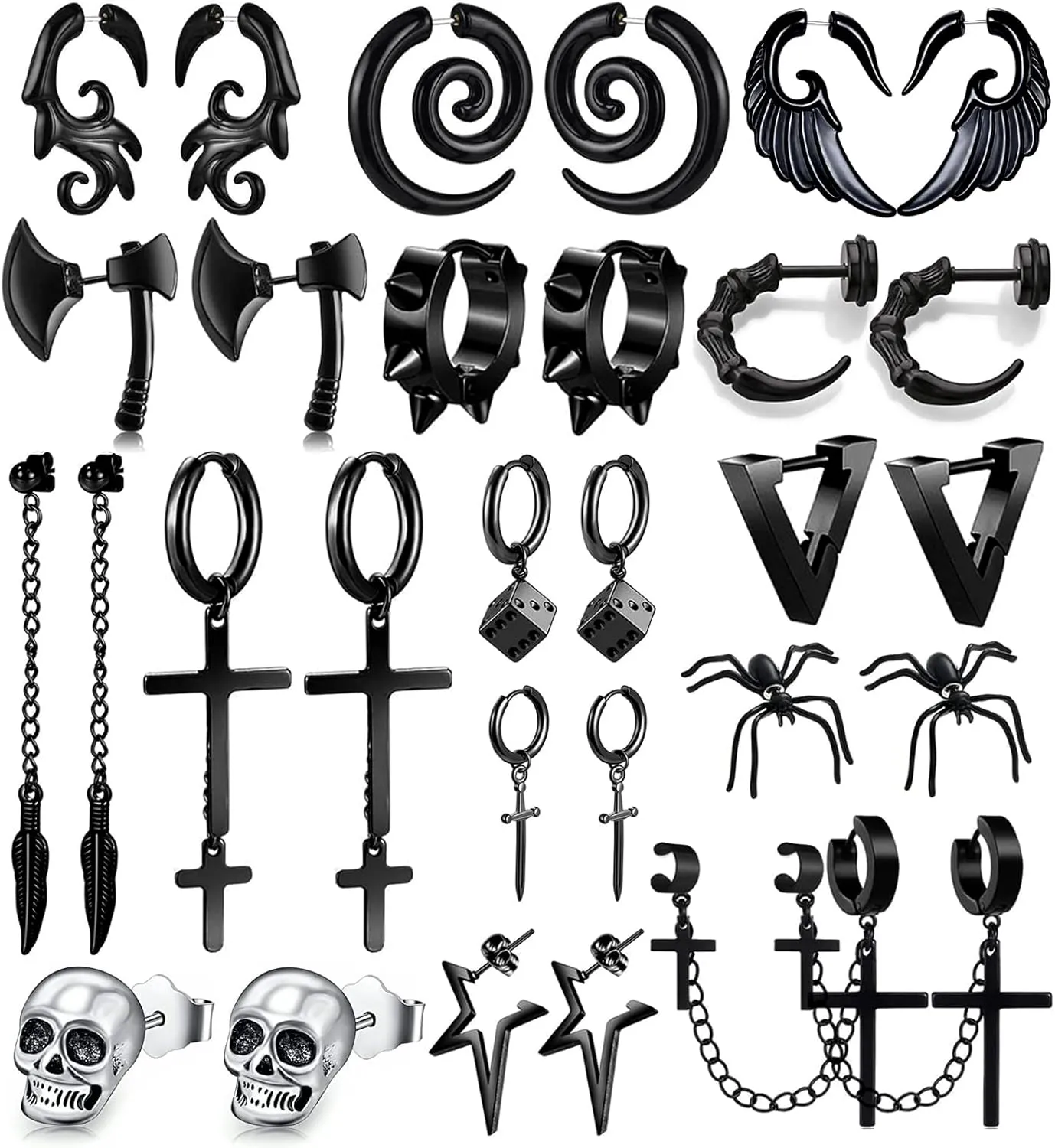 15 Pairs Punk Style Earrings Set for Women and Men, Stainless Steel Gothic Earrings Kit Fashion Cross with Cross, Axe, Wing, Skull Heads, Spider, and More
